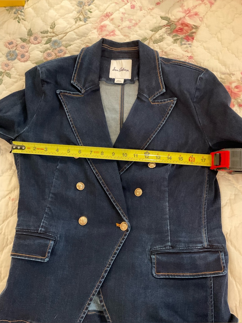 Sam Edelman Imogen Double-Breasted Dark Denim Blazer with Gold Buttons - Picture 7 of 10